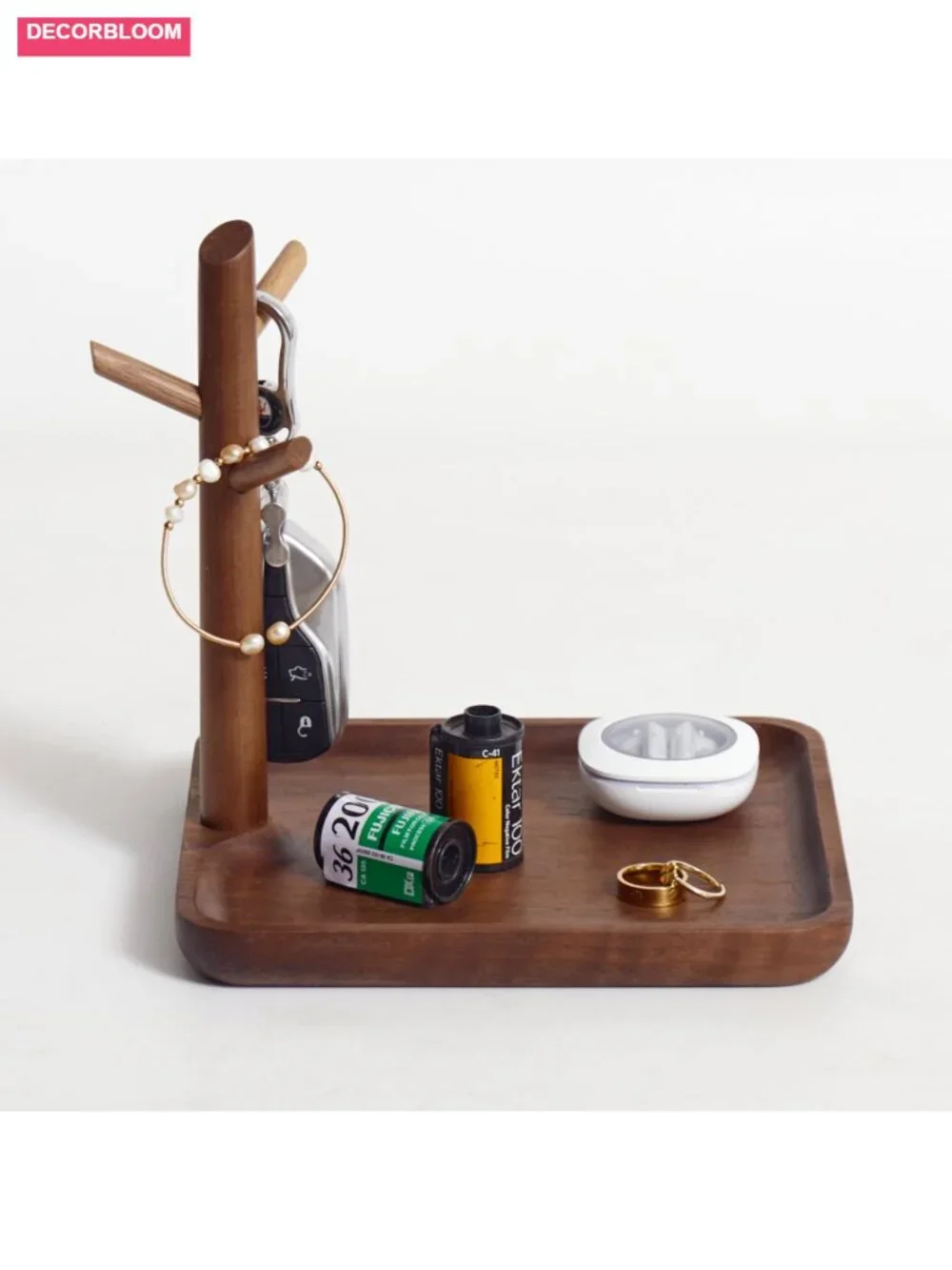Solid Wood Key Dish Bowl Walnut Entryway Tray with Hooks Jewelry Organizer